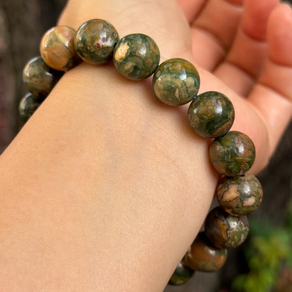 12mm stretchable green‎ forest jasper bracelet 0736